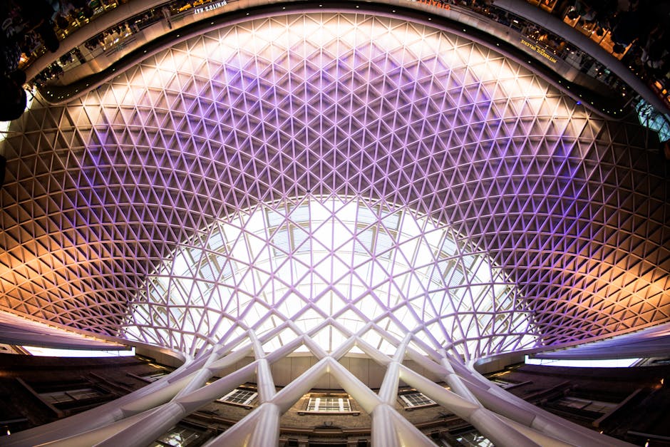 The interior view of a modern architectural structure featuring a large, curved ceiling with an intricate geometric lattice pattern illuminated in purple and white lighting. The ceiling's design includes triangular panels creating a spacious, dome-like appearance. Supporting white columns with angled braces extend upward from the ground floor, leading towards the ceiling, which is visible through large windows allowing natural light to filter in. The surrounding environment appears to be an indoor space, possibly a public building or transport hub, with a broad open area at the base. The detailed structural framework and light effects contribute to a contemporary, expansive atmosphere, typical of a major city or transport-related location as associated with house and furniture relocation services provided by Man and Van King's Cross.